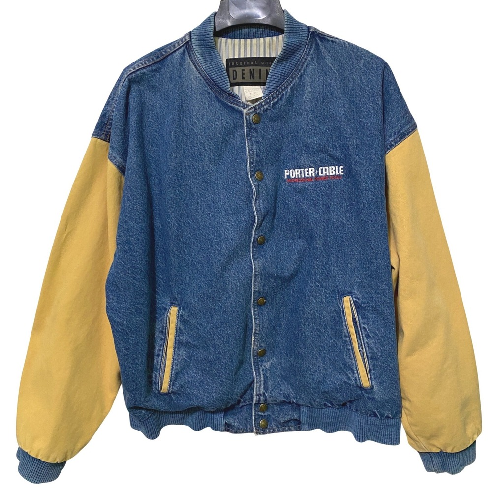 Vintage 90s Y2K Porter Cable Denim Varsity Jacket Contrast Sleeves Workwear XL